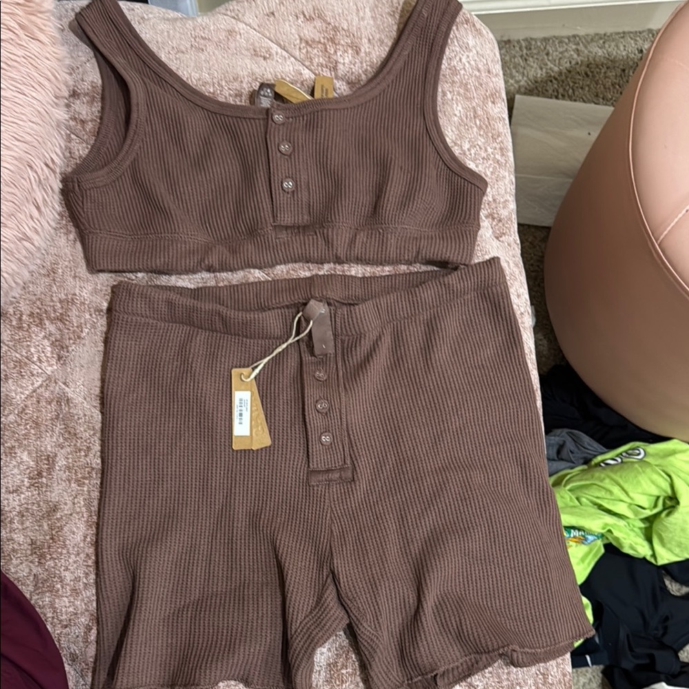 Brown Ribbed Crop Top and Shorts Set skimz